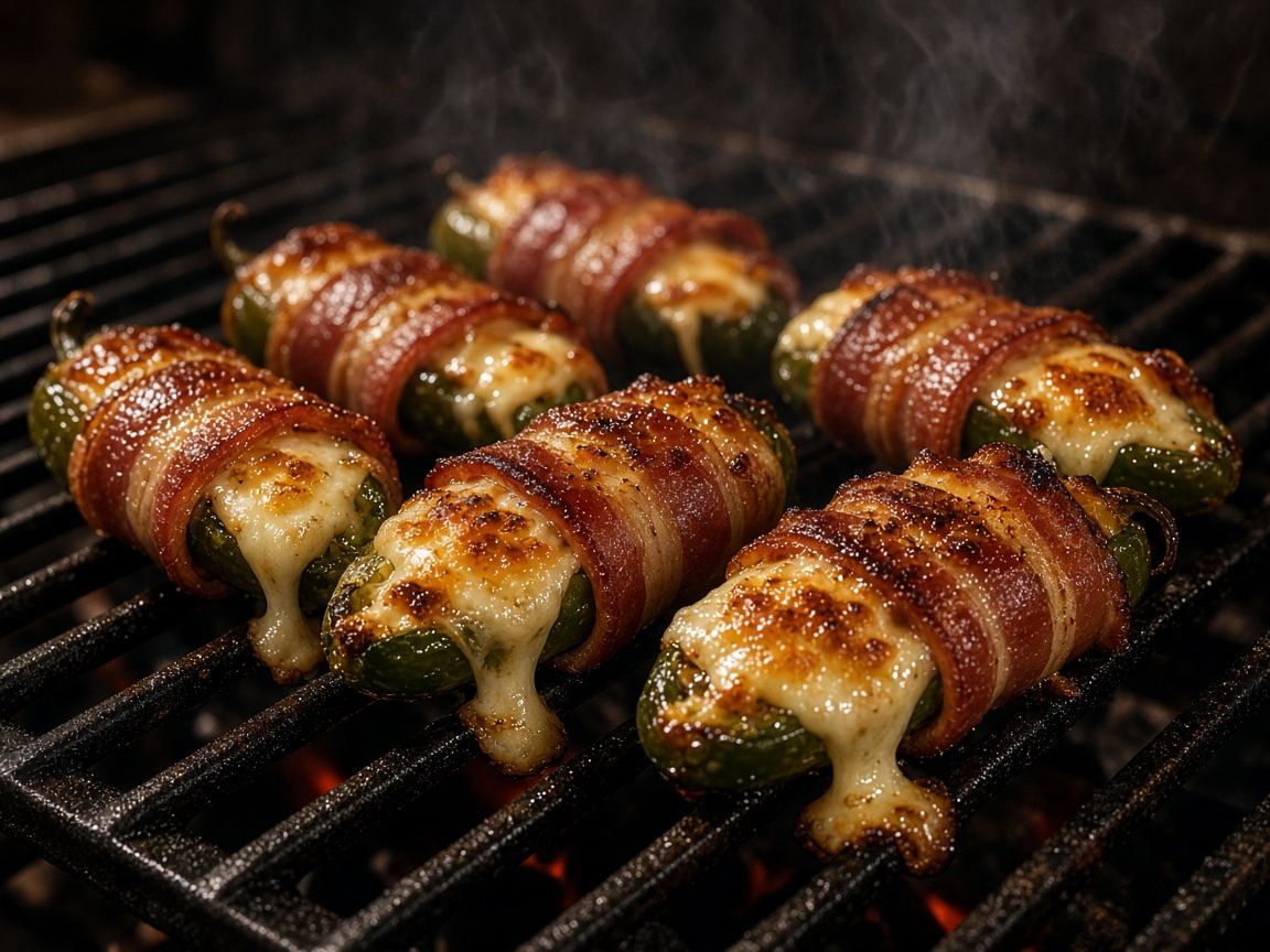 Bacon wrapped jalapeno poppers with melted cheese on a charcoal grill