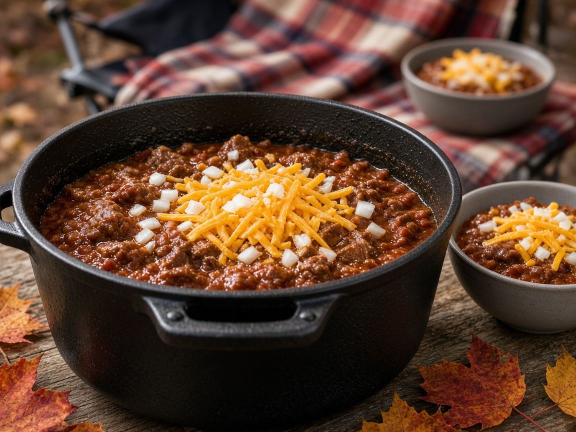 Overhead view of beef chili topped with cheddar and onion in a Dutch oven