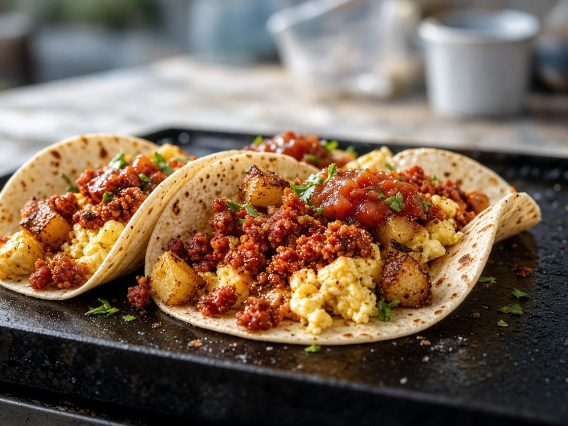 Chorizo, potato and egg breakfast tacos with cheddar and salsa verde
