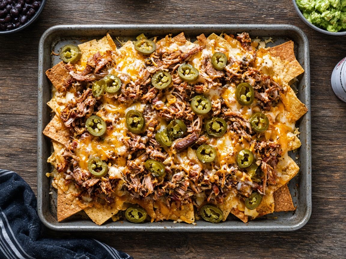 Sheet pan nachos with pulled pork, chili, cheese, jalapenos and sour cream