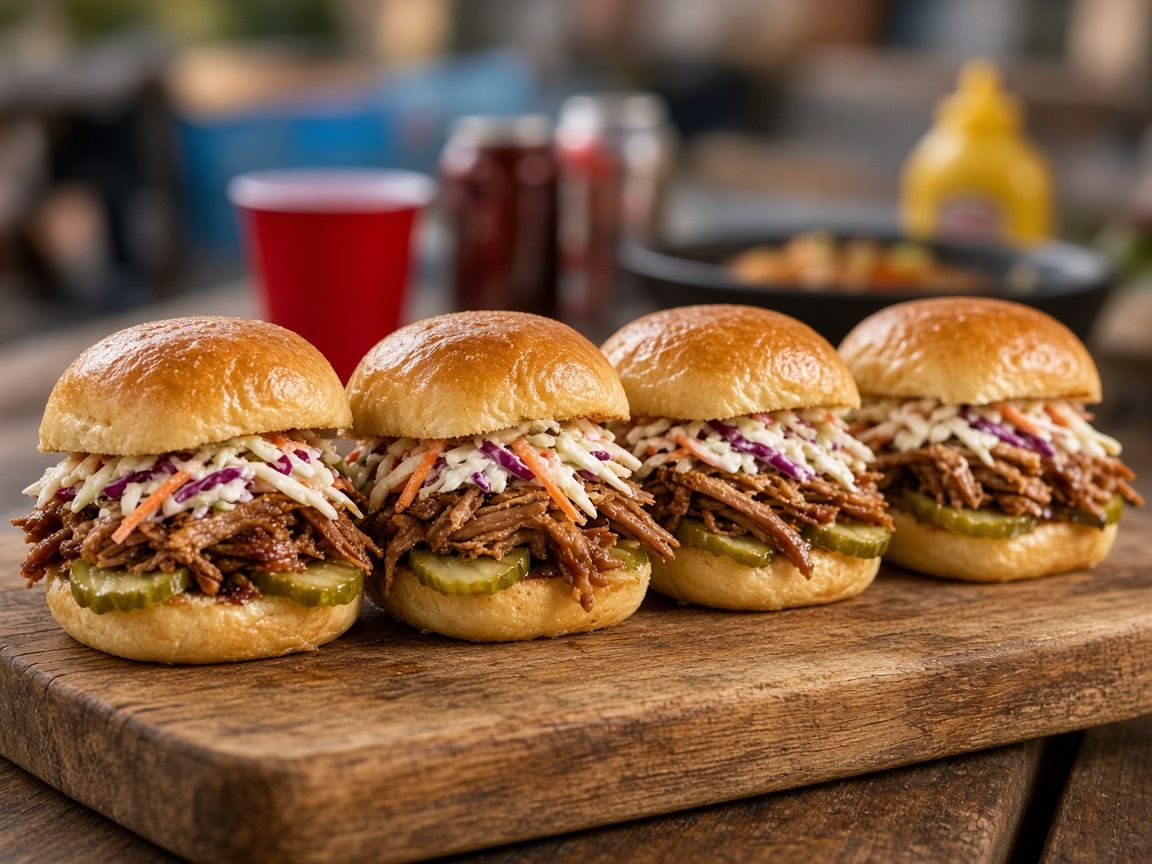Three pulled pork sliders with slaw and pickles on a wooden board