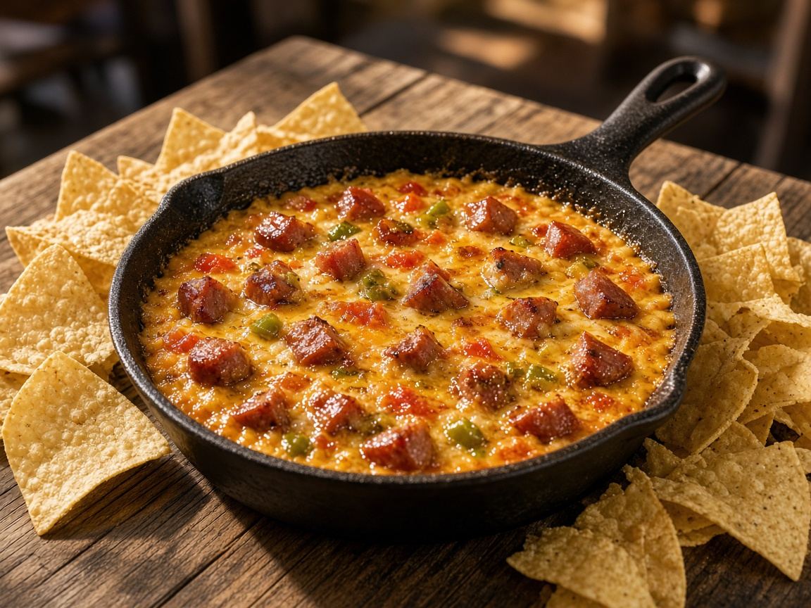 Cast iron skillet of smoked queso with sausage and tomatoes, tortilla chips on a wooden tailgate table