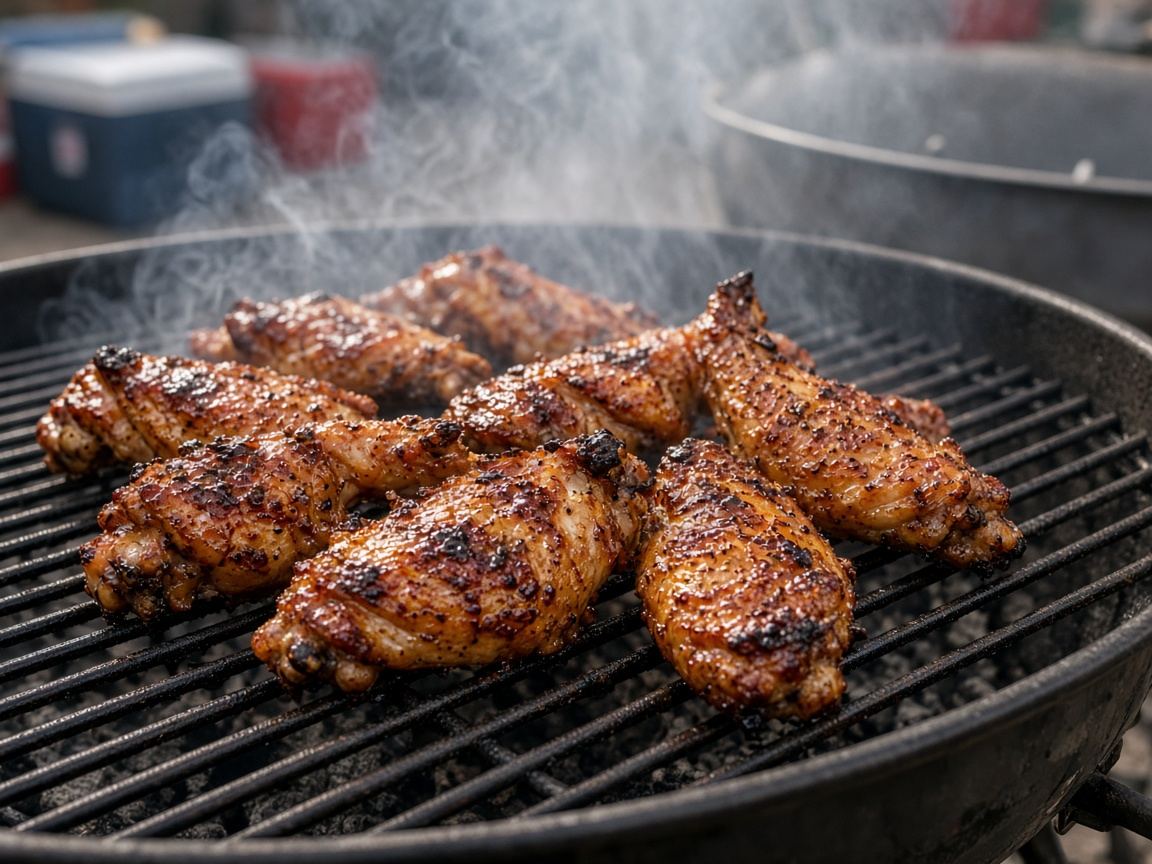Charred paprika chicken wings with lemon wedges on a portable charcoal grill
